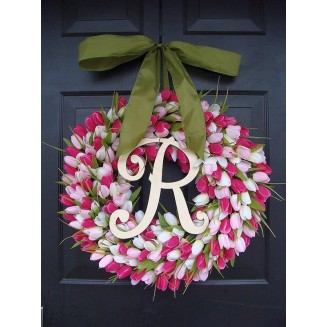Elegant Holidays Silk Tulip Wreath w/Monogram- Decorative Home Décor- Indoor/Outdoor- Welcome Guests Spring, Summer with Front Door Wreaths- Great Easter Holiday Accent 16-26 inches
