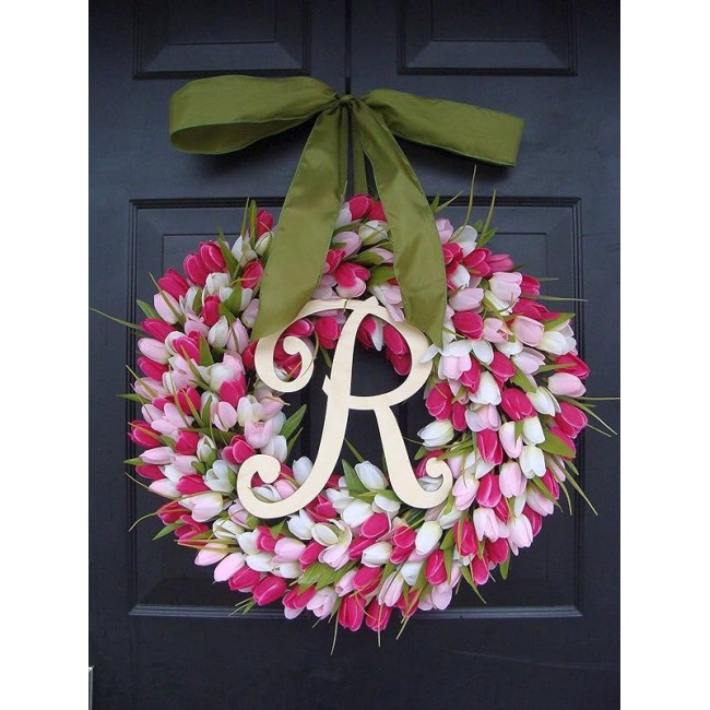 Elegant Holidays Silk Tulip Wreath w/Monogram- Decorative Home Décor- Indoor/Outdoor- Welcome Guests Spring, Summer with Front Door Wreaths- Great Easter Holiday Accent 16-26 inches