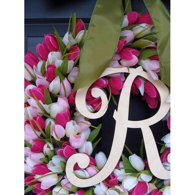 Elegant Holidays Silk Tulip Wreath w/Monogram- Decorative Home Décor- Indoor/Outdoor- Welcome Guests Spring, Summer with Front Door Wreaths- Great Easter Holiday Accent 16-26 inches