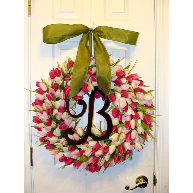 Elegant Holidays Silk Tulip Wreath w/Monogram- Decorative Home Décor- Indoor/Outdoor- Welcome Guests Spring, Summer with Front Door Wreaths- Great Easter Holiday Accent 16-26 inches