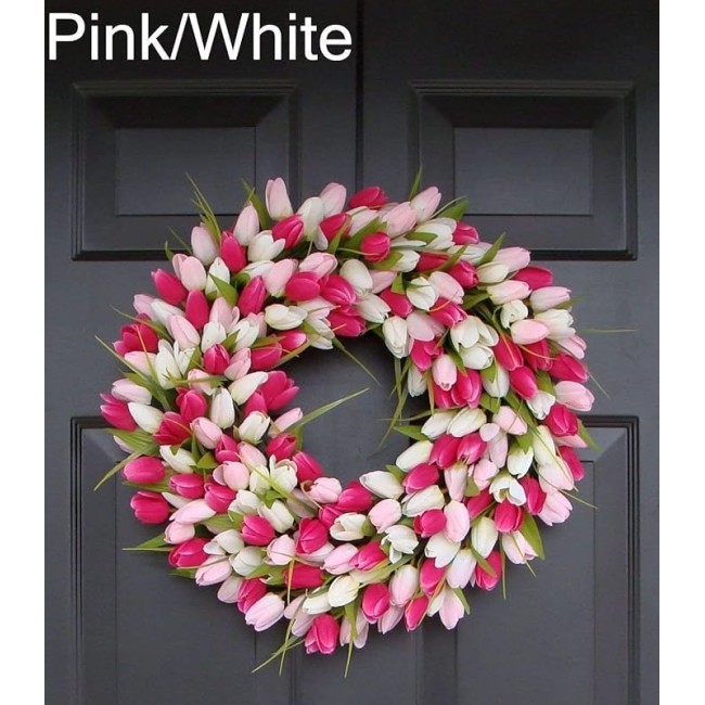 Elegant Holidays Silk Tulip Wreath w/Monogram- Decorative Home Décor- Indoor/Outdoor- Welcome Guests Spring, Summer with Front Door Wreaths- Great Easter Holiday Accent 16-26 inches