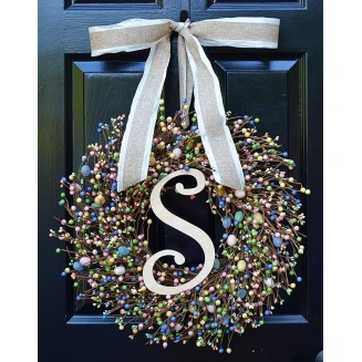 Elegant Holidays Easter Egg Berry Wreath w/Monogram, Decorative Front Door to Welcome Guests-for Outdoor or Indoor Home Wall Accent Décor- Great for Spring- Pastel Colors- 16-24 inches