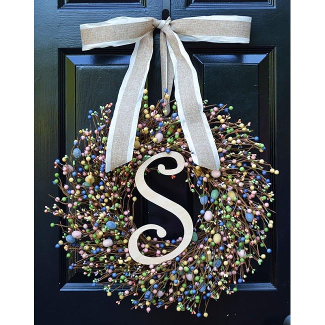 Elegant Holidays Easter Egg Berry Wreath w/Monogram, Decorative Front Door to Welcome Guests-for Outdoor or Indoor Home Wall Accent Décor- Great for Spring- Pastel Colors- 16-24 inches
