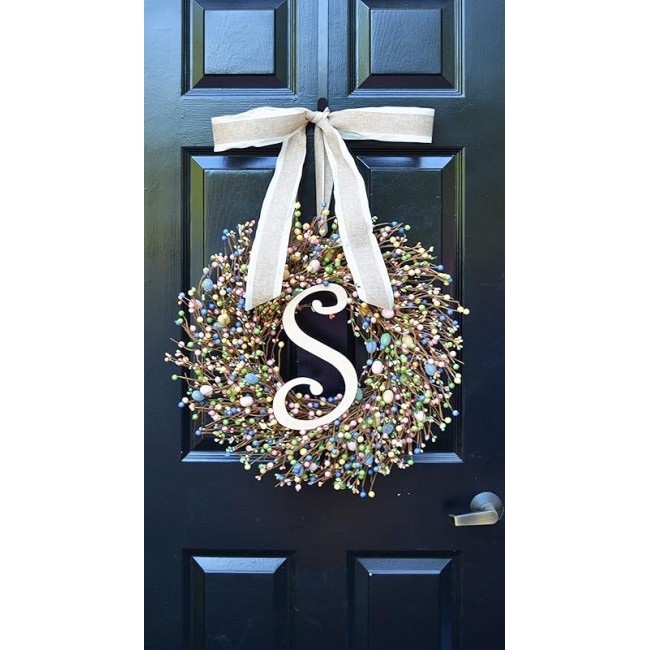 Elegant Holidays Easter Egg Berry Wreath w/Monogram, Decorative Front Door to Welcome Guests-for Outdoor or Indoor Home Wall Accent Décor- Great for Spring- Pastel Colors- 16-24 inches