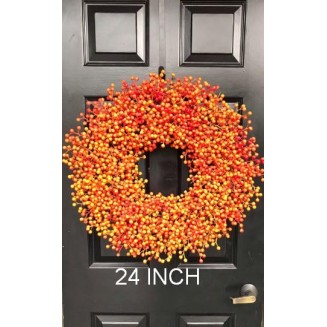 Orange Weatherproof Fall Berry Wreath, Decorative Front Door to Welcome Guests-for Outdoor or Indoor Home Wall Accent Décor- Great for Autumn, Year Round- 16-24 inches available