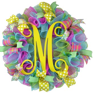 Monogram Summer Wreath | Spring Monogram Door Wreath | Pink, Turquoise, Yellow, Green : P1…