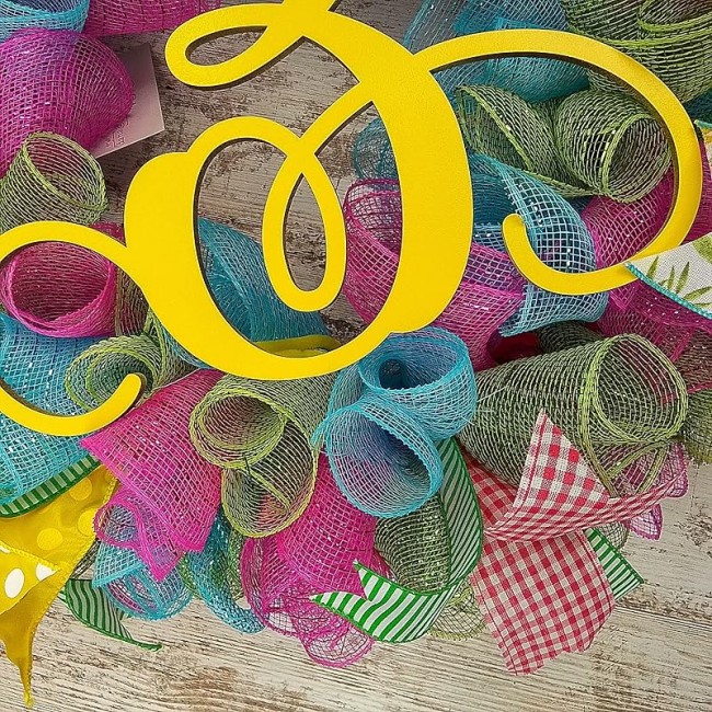 Monogram Summer Wreath | Spring Monogram Door Wreath | Pink, Turquoise, Yellow, Green : P1…