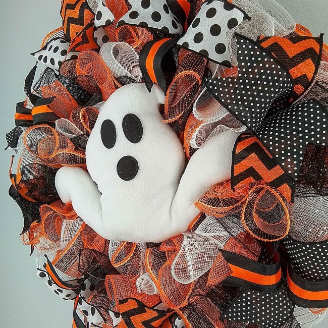 Ghost Wreath | Ghost Head and Tail Halloween Mesh Front Door Outside Wreath; Orange Black White