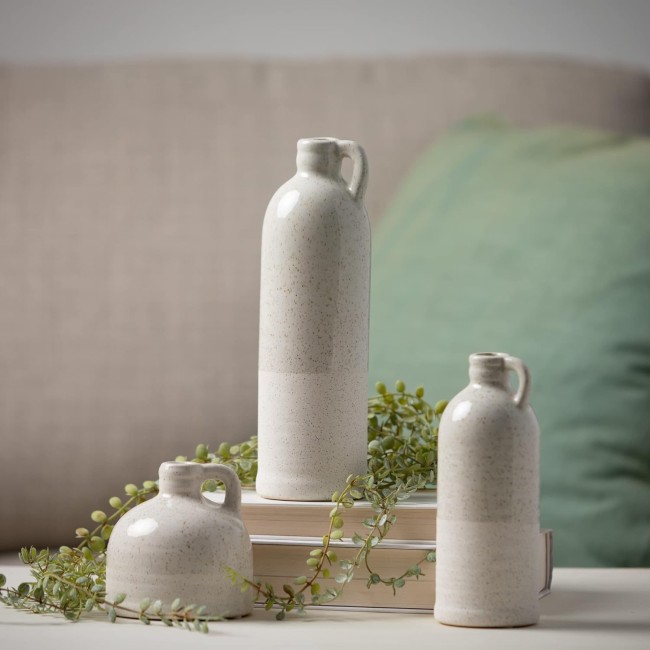  Modern Farmhouse Distressed Two-Toned White Small Ceramic Jug Set of Three (3), 4, 7.5, 10” Tall, Crackled Finish Faux Floral Jugs, Distressed Decoration