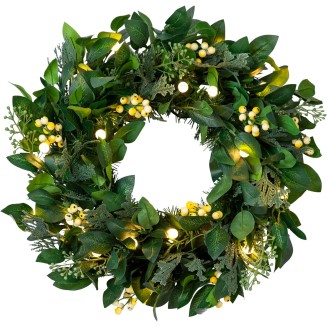 | Luxury Artificial Wreath | Prelit | White Berry Cypress | 28in | Equipped with LED Clear Lights | Easy Storage