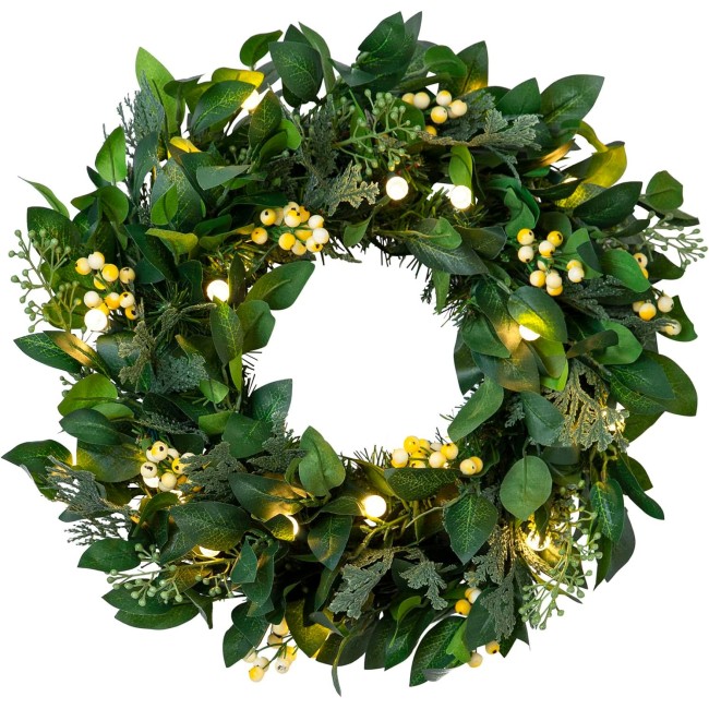 | Luxury Artificial Wreath | Prelit | White Berry Cypress | 28in | Equipped with LED Clear Lights | Easy Storage