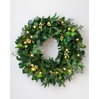 | Luxury Artificial Wreath | Prelit | White Berry Cypress | 28in | Equipped with LED Clear Lights | Easy Storage