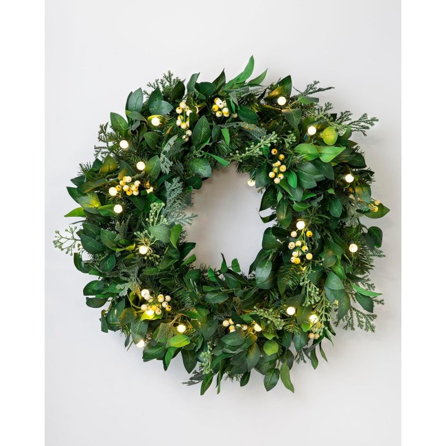 | Luxury Artificial Wreath | Prelit | White Berry Cypress | 28in | Equipped with LED Clear Lights | Easy Storage
