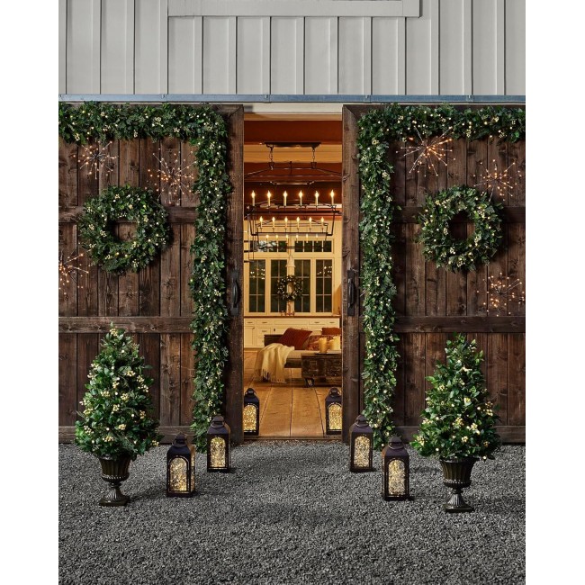 | Luxury Artificial Wreath | Prelit | White Berry Cypress | 28in | Equipped with LED Clear Lights | Easy Storage