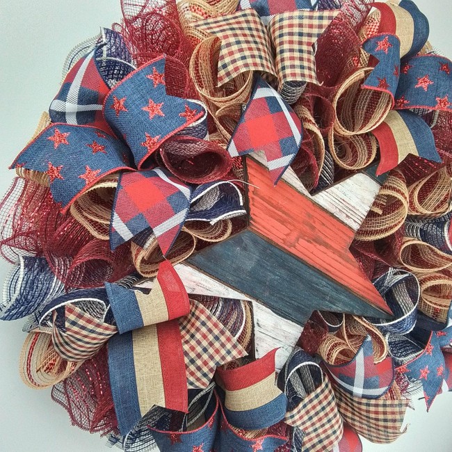 Red White Blue Wreaths For Front Door - Wreath, Farmhouse Fourth of July Independence Day Mesh Door Wreaths - Star Navy