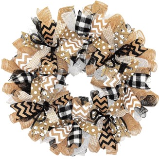 Everyday Wreath for Front Door - Year Round Deco Mesh Country Farmhouse Porch Decor - Black White Beige - 24 Inch, Indoor/Outdoor - Wreath