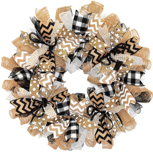 Everyday Wreath for Front Door - Year Round Deco Mesh Country Farmhouse Porch Decor - Black White Beige - 24 Inch, Indoor/Outdoor - Wreath