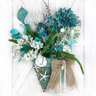 Blue Sea Turtle Wall Floral Arrangement Sea Coral, Starfish, and Bow. Coastal, Beach, Nautical Home Decoration