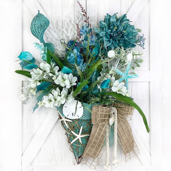 Blue Sea Turtle Wall Floral Arrangement Sea Coral, Starfish, and Bow. Coastal, Beach, Nautical Home Decoration