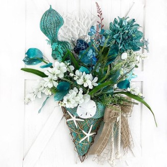 Blue Sea Turtle Wall Floral Arrangement Sea Coral, Starfish, and Bow. Coastal, Beach, Nautical Home Decoration