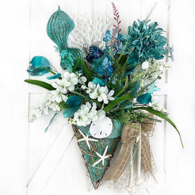 Blue Sea Turtle Wall Floral Arrangement Sea Coral, Starfish, and Bow. Coastal, Beach, Nautical Home Decoration