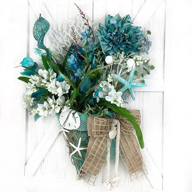 Blue Sea Turtle Wall Floral Arrangement Sea Coral, Starfish, and Bow. Coastal, Beach, Nautical Home Decoration