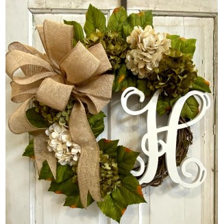 Hydrangea Monogram Initial Front Door Wreath with Choice of Bow and Cream and Moss Green Hydrangeas on Grapevine Base-in the USA, Front Door Wreath