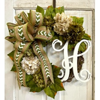 Hydrangea Monogram Initial Front Door Wreath with Choice of Bow and Cream and Moss Green Hydrangeas on Grapevine Base-in the USA, Front Door Wreath