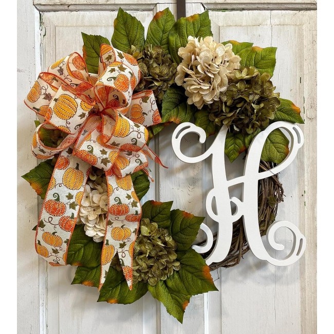 Hydrangea Monogram Initial Front Door Wreath with Choice of Bow and Cream and Moss Green Hydrangeas on Grapevine Base-in the USA, Front Door Wreath