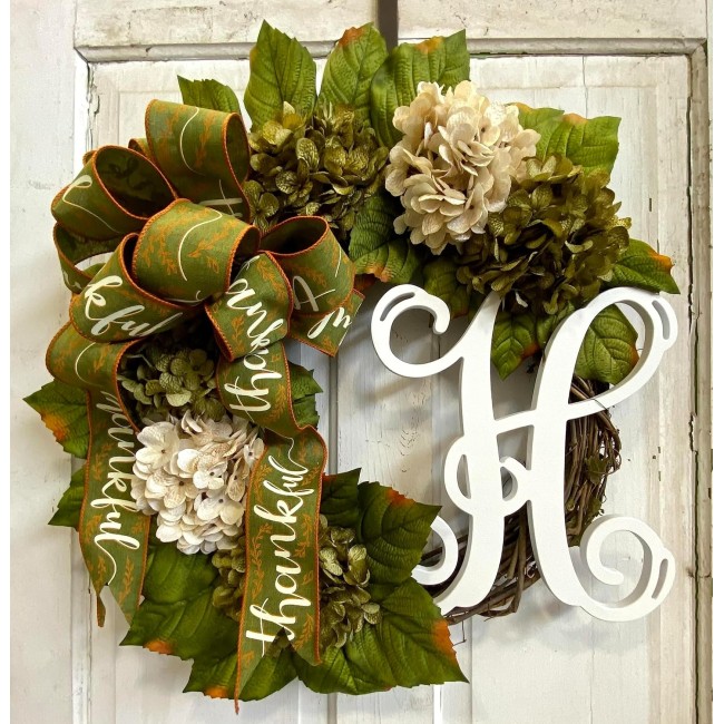 Hydrangea Monogram Initial Front Door Wreath with Choice of Bow and Cream and Moss Green Hydrangeas on Grapevine Base-in the USA, Front Door Wreath