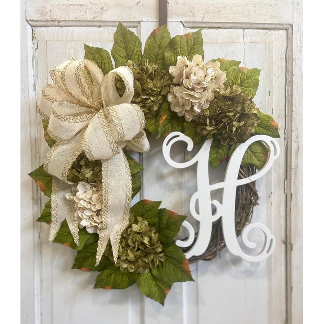 Hydrangea Monogram Initial Front Door Wreath with Choice of Bow and Cream and Moss Green Hydrangeas on Grapevine Base-in the USA, Front Door Wreath