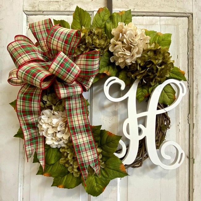 Hydrangea Monogram Initial Front Door Wreath with Choice of Bow and Cream and Moss Green Hydrangeas on Grapevine Base-in the USA, Front Door Wreath