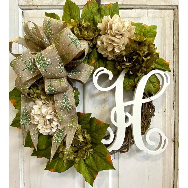 Hydrangea Monogram Initial Front Door Wreath with Choice of Bow and Cream and Moss Green Hydrangeas on Grapevine Base-in the USA, Front Door Wreath