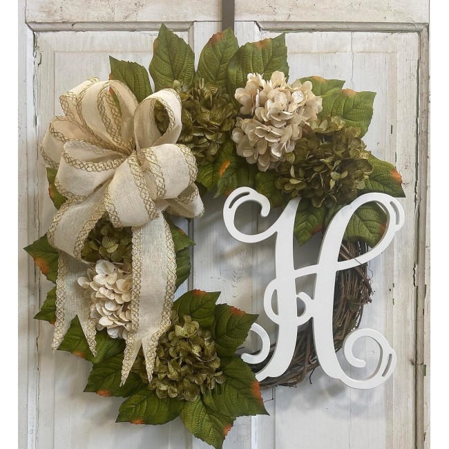 Hydrangea Monogram Initial Front Door Wreath with Choice of Bow and Cream and Moss Green Hydrangeas on Grapevine Base-in the USA, Front Door Wreath