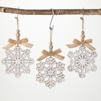  6.25" H  Wood Snowflake Ornament - Set of 3, White Christmas Ornaments, Christmas Décor, Christmas Tree Décor, Ornament Set, Christmas Decorations
