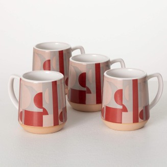  Multicolor Retro Geometric Patterned Ceramic Mug, Set of 4, Coffee Cups Handles, Modern, Boho, Unique Style For Any Kitchen