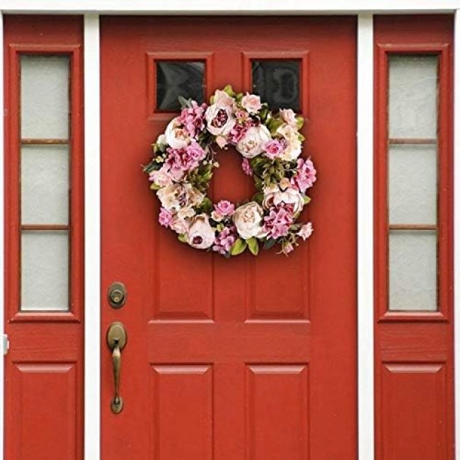 Wreath Artificial Flower Wreath Peony Wreath, 16inch Door Wreath Spring Wreath Round Wreath for The Front Door Wedding Decor Suitable for All Seasons and Festivals