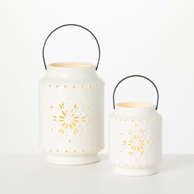 White Snowflake LED Lantern Set of 2, Candle Like Lanterns Decor, Winter Home Decor for Living Room, Kitchen, Entryway Decor