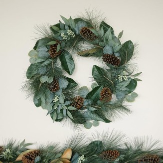 Holiday Collection Faux Wreath, Premium Artificial Indoor and Outdoor Large 28" Magnolia, Eucalyptus, Pinecone, Needle Pine Christmas Wreath, Christmas Decorations and Holiday Greenery