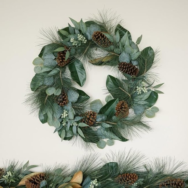 Holiday Collection Faux Wreath, Premium Artificial Indoor and Outdoor Large 28" Magnolia, Eucalyptus, Pinecone, Needle Pine Christmas Wreath, Christmas Decorations and Holiday Greenery