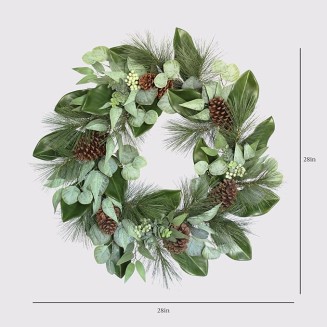 Holiday Collection Faux Wreath, Premium Artificial Indoor and Outdoor Large 28" Magnolia, Eucalyptus, Pinecone, Needle Pine Christmas Wreath, Christmas Decorations and Holiday Greenery