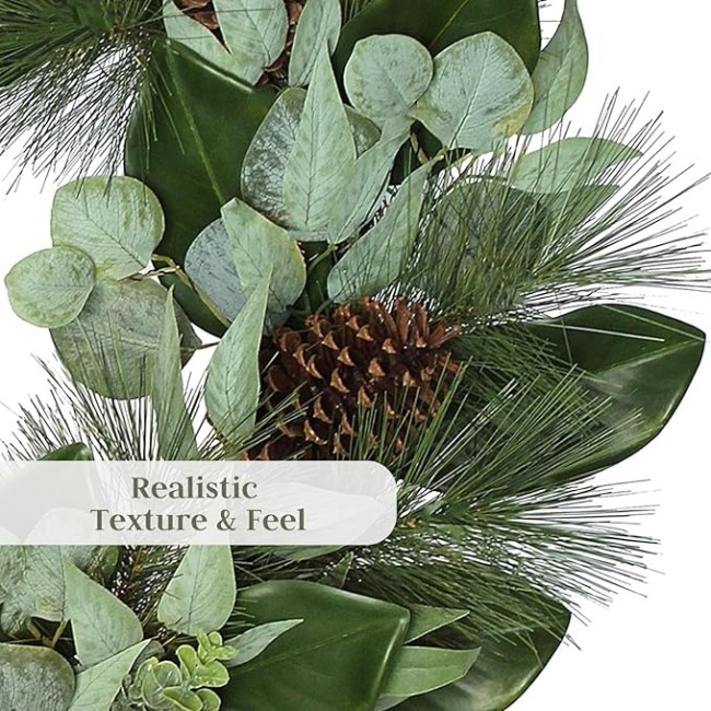 Holiday Collection Faux Wreath, Premium Artificial Indoor and Outdoor Large 28" Magnolia, Eucalyptus, Pinecone, Needle Pine Christmas Wreath, Christmas Decorations and Holiday Greenery