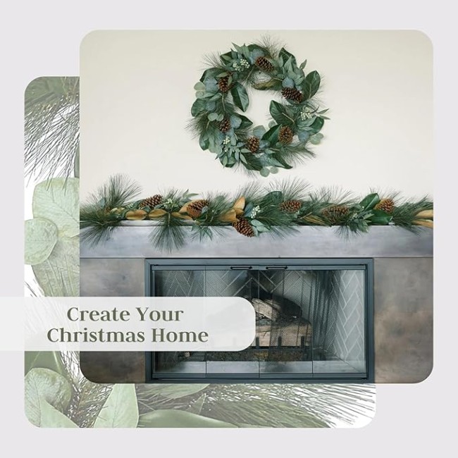 Holiday Collection Faux Wreath, Premium Artificial Indoor and Outdoor Large 28" Magnolia, Eucalyptus, Pinecone, Needle Pine Christmas Wreath, Christmas Decorations and Holiday Greenery