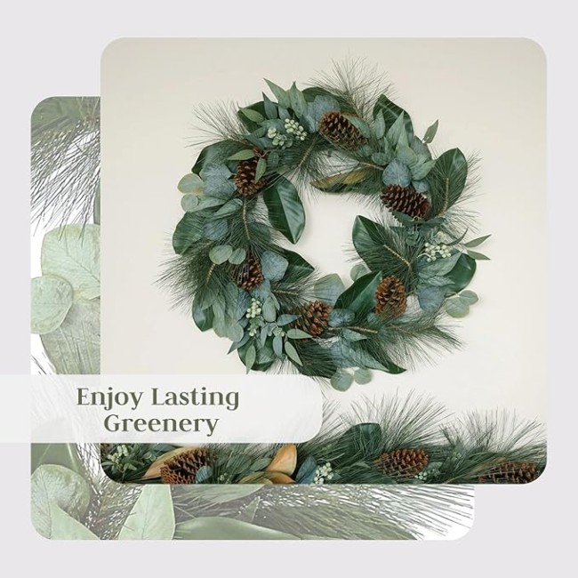 Holiday Collection Faux Wreath, Premium Artificial Indoor and Outdoor Large 28" Magnolia, Eucalyptus, Pinecone, Needle Pine Christmas Wreath, Christmas Decorations and Holiday Greenery