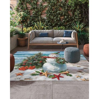 Outdoor Rug 4x6ft, Xmas Beach Snowman Christmas Tree Indoor Area Rug for Patio Backyard Deck Large Floor Mat, Ball Starfish Berry Wreath Non-Slip Outside Carpet Balcony Porch Camping Rug Picnic Mat