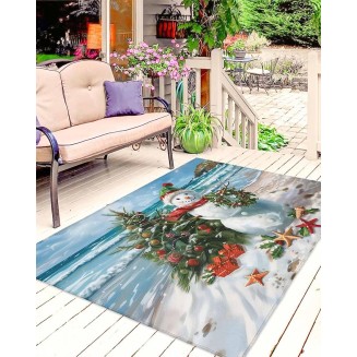 Outdoor Rug 4x6ft, Xmas Beach Snowman Christmas Tree Indoor Area Rug for Patio Backyard Deck Large Floor Mat, Ball Starfish Berry Wreath Non-Slip Outside Carpet Balcony Porch Camping Rug Picnic Mat