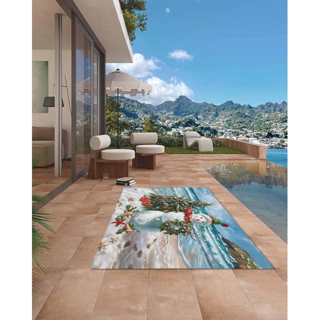 Outdoor Rug 4x6ft, Xmas Beach Snowman Christmas Tree Indoor Area Rug for Patio Backyard Deck Large Floor Mat, Ball Starfish Berry Wreath Non-Slip Outside Carpet Balcony Porch Camping Rug Picnic Mat