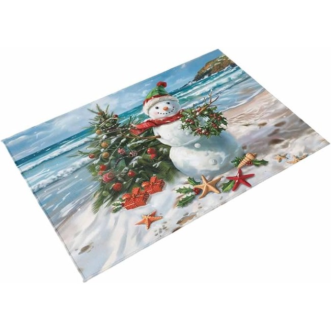 Outdoor Rug 4x6ft, Xmas Beach Snowman Christmas Tree Indoor Area Rug for Patio Backyard Deck Large Floor Mat, Ball Starfish Berry Wreath Non-Slip Outside Carpet Balcony Porch Camping Rug Picnic Mat