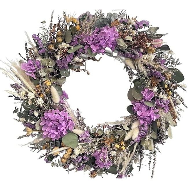 back porch decor, Decorative Spring Wreaths for Front Door 16 In Dried Flower Summer Wreath Lavender Pink Hydrangea Eucalyptus Leaves Floral Wreath Home Wall for Outside Indoor Home Wall Festival(PURP