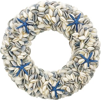 23" Nautical Seashell Wreath, Navy Blue | Coastal Beach Floral Home Decor Indoor Outdoor Real Starfish Pearl Seashells